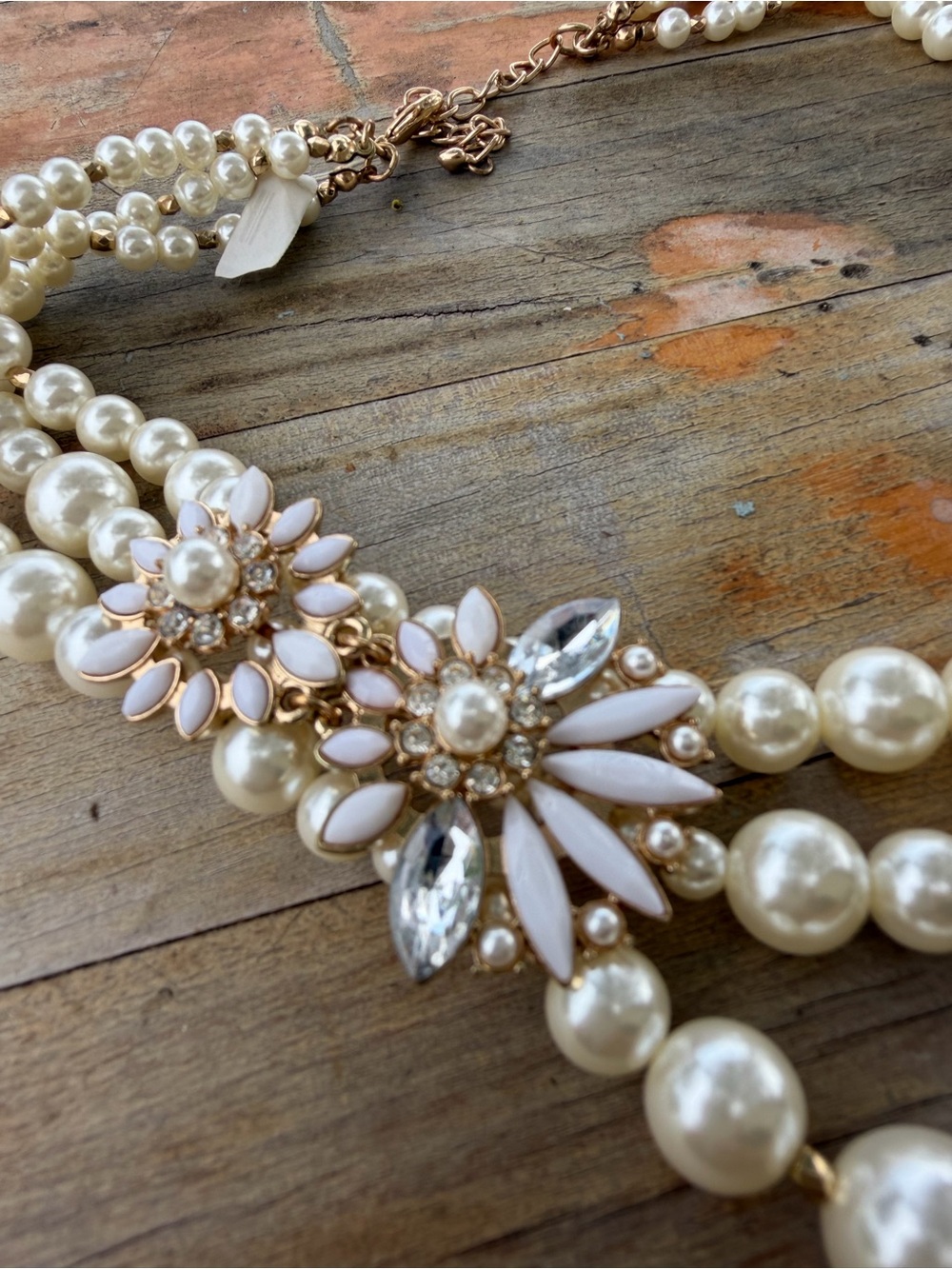 Multi Strand Faux Pearl Statement Necklace | Floral Crystal Brooch Detail - Picture 2 of 4